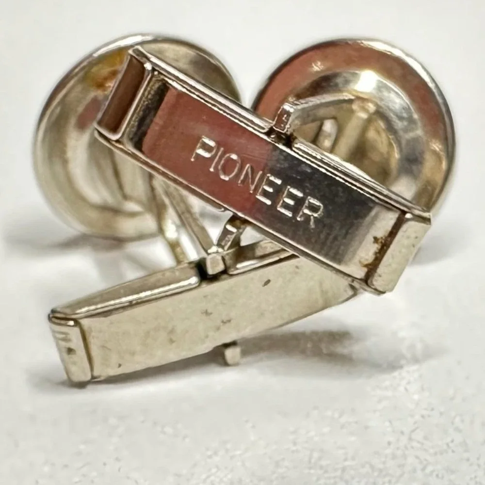 Vintage Pioneer Cufflinks Black Stone Silver‎ Tone Round Mens